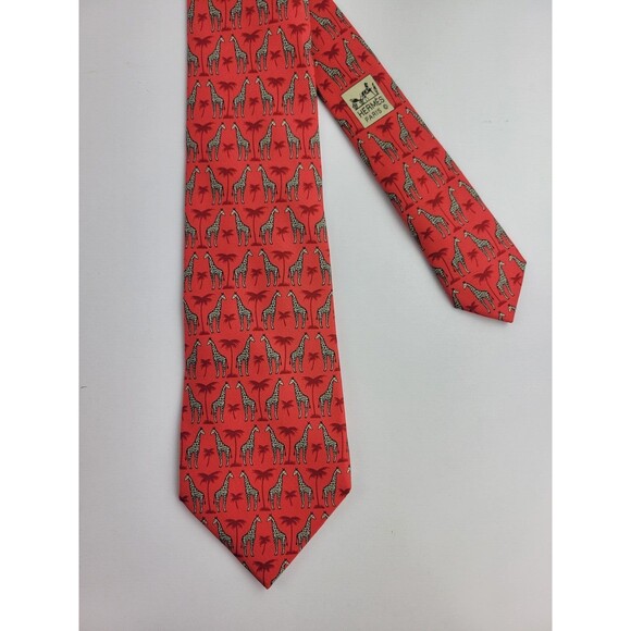Hermes Paris Red Geometric Giraffs & Palm Trees 100% Silk Repp Tie 60 in - Picture 1 of 15